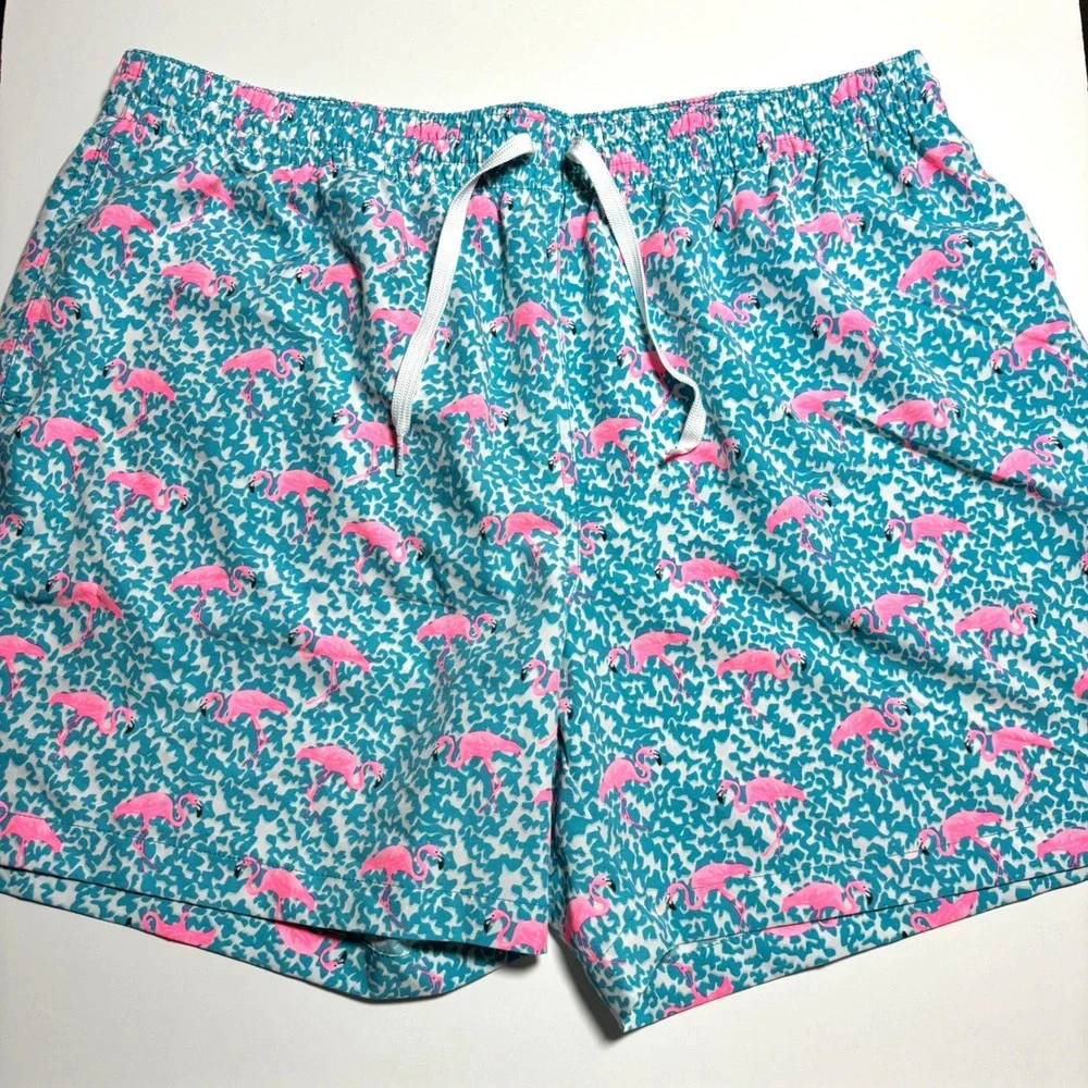 Chubbies Teal Flamingo Swim Trunks Mens XXL Lined Preppy Blue Swim Bathing Suit